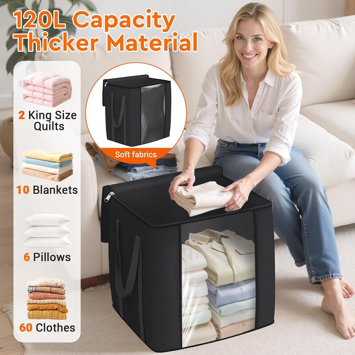 TasticTotes 120L Extra Large Blanket Clothes Storage Bags, Gray