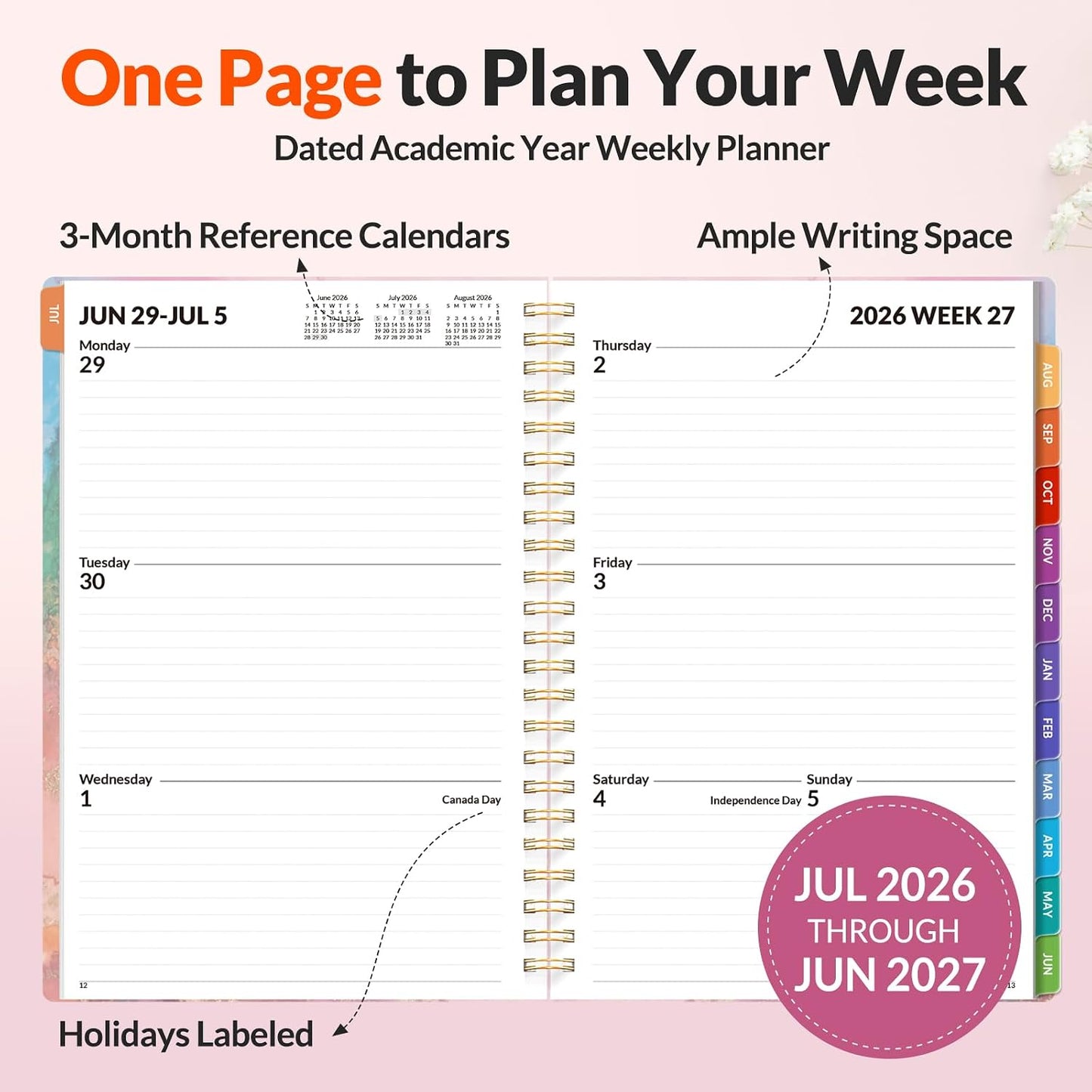 SUNEE Academic Planner 2026-2027 – Weekly & Monthly Planner, July 2026 to June 2027, 6.4"x8.3", Thick Paper, Tabs, Pockets, Bookmark, Spiral-Bound, Student Teacher Organizer, Black