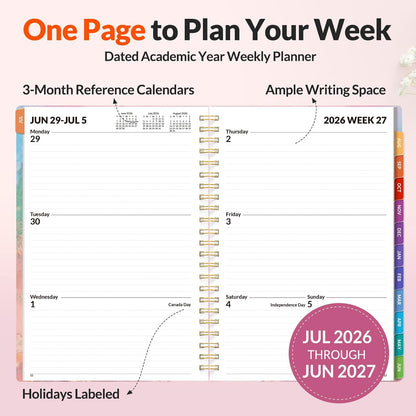 SUNEE Academic Planner 2026-2027 – Weekly & Monthly Planner, July 2026 to June 2027, 6.4"x8.3", Thick Paper, Tabs, Pockets, Bookmark, Spiral-Bound, Student Teacher Organizer, Black