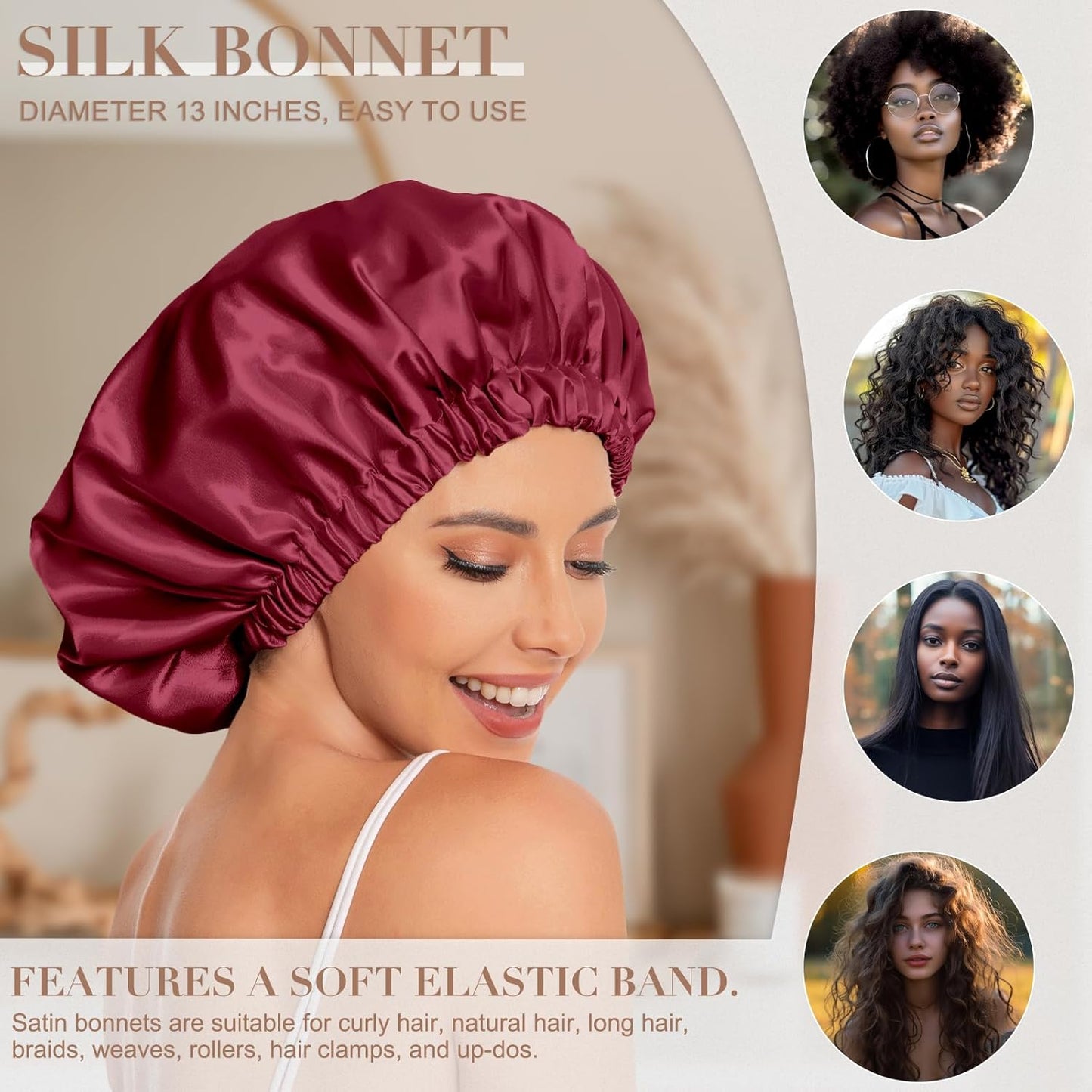 Satin Bonnet Silk Bonnet Hair Bonnet for Sleeping-Slouchy Beanie Hat Satin Sleep Cap for Women's Natural & Curly Hair(Blue Zircon)