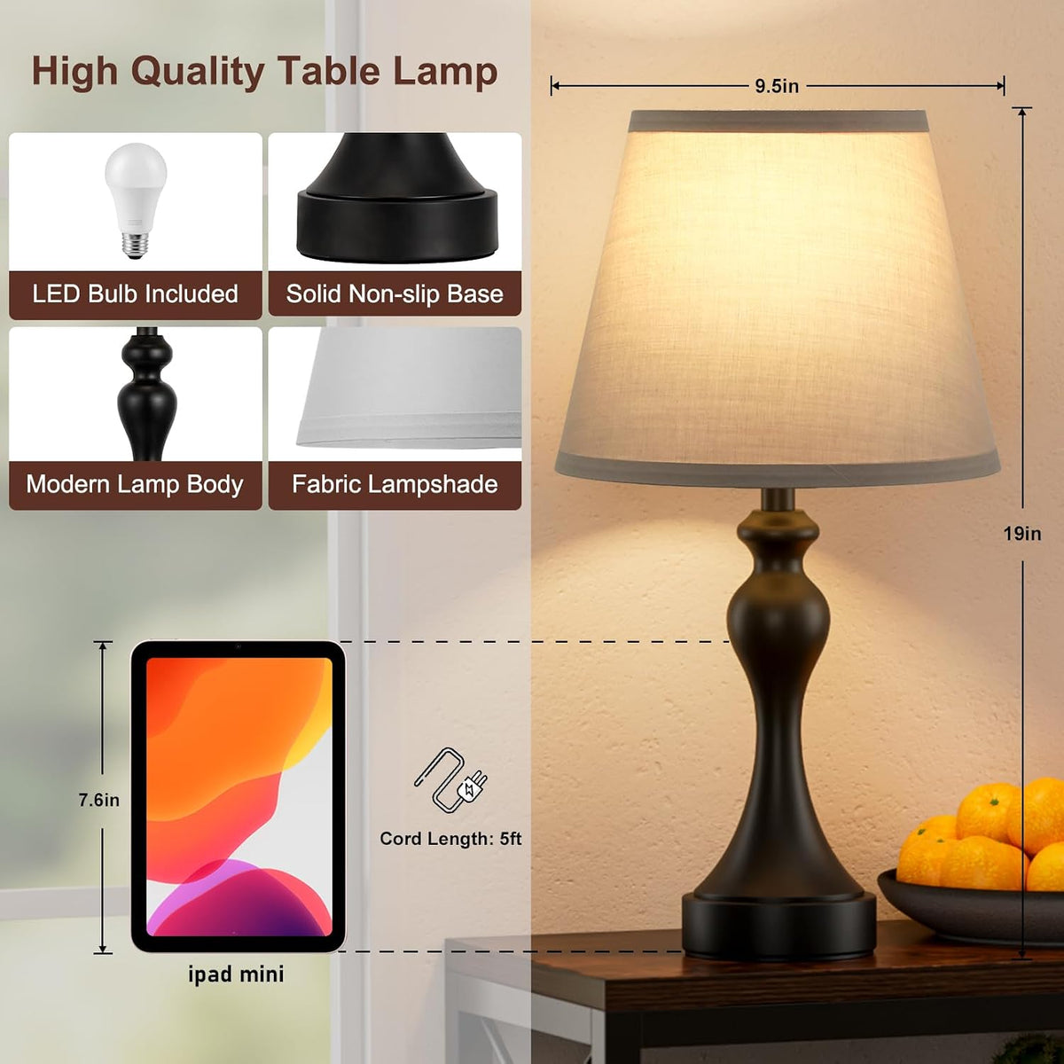Touch Lamps for Nightstand, 3 Way Dimmable Bedside Lamps with USB C+A Ports