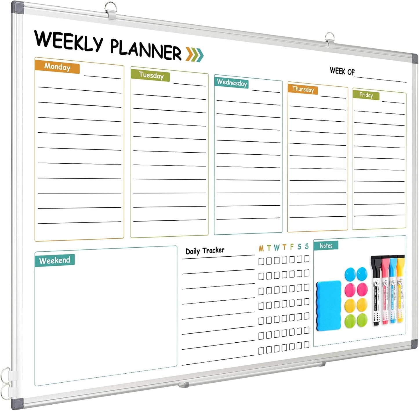 WALGLASS Weekly Dry Erase Calendar Whiteboard for Wall, 24" x 18" Double-Sided Weekly Planner White Board with Notes, Daily Tracker, Aluminum Framed Hanging & Wall Mount for Home, Office, School