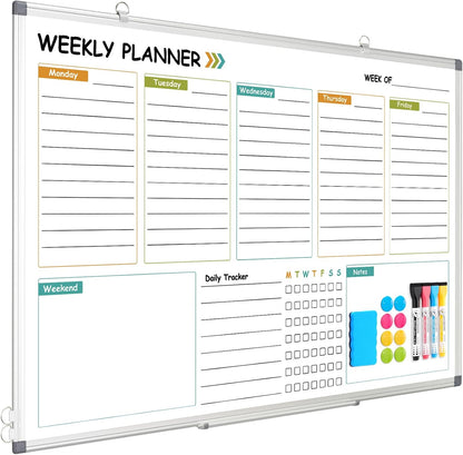 WALGLASS Weekly Dry Erase Calendar Whiteboard for Wall, 24" x 18" Double-Sided Weekly Planner White Board with Notes, Daily Tracker, Aluminum Framed Hanging & Wall Mount for Home, Office, School