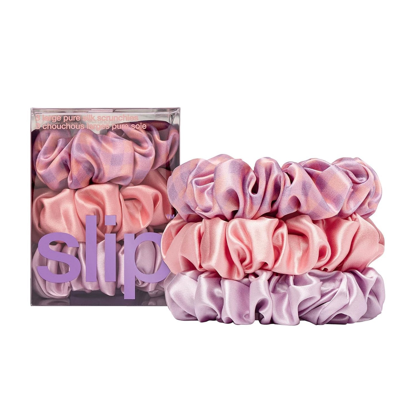 slip Large Scrunchie Multi | Set of 3 Pure Silk Large Scrunchies | Includes 1 Pink, 1 Caramel, 1 Black | 100% Mulberry Silk, Anti-Crease, Gentle on Hair, Reduces Breakage | Stylish & Durable