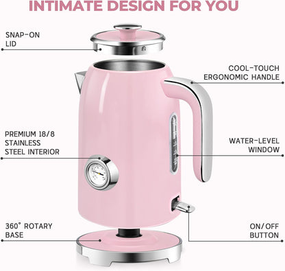SUSTEAS Electric Kettle - 57oz Hot Tea Water Boiler with Thermometer, 1500W Fast Heating Stainless Steel Pot, Cordless LED Indicator, Auto Shut-Off & Boil Dry Protection, Retro Green