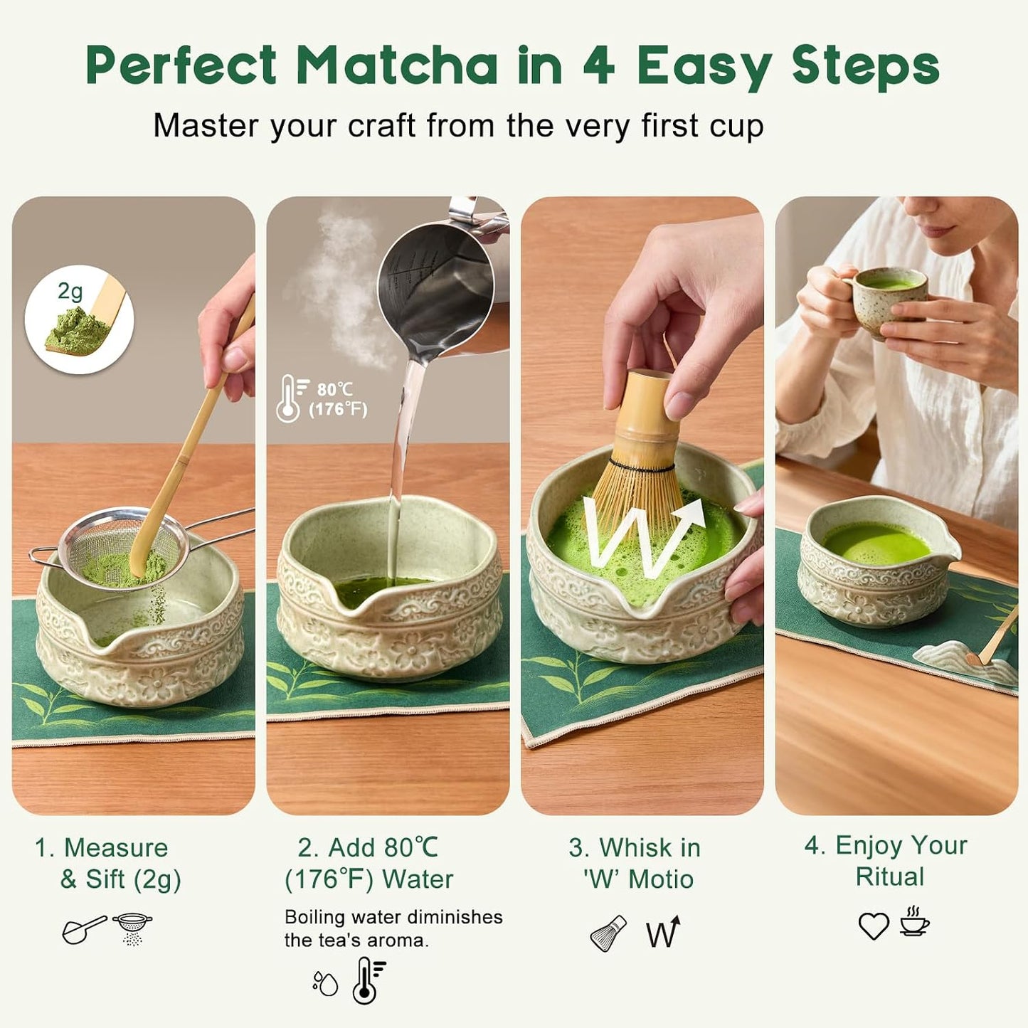 Matcha Whisk Set, Matcha Kit 9-Pcs, Bamboo Whisk and Ceramic Bowl with Spout & Measuring Spoon & Cup, Japanese Ceremony Matcha Tea Making Tools, Ideal Gift for Tea lover