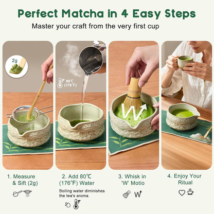 Matcha Whisk Set, Matcha Kit 9-Pcs, Bamboo Whisk and Ceramic Bowl with Spout & Measuring Spoon & Cup, Japanese Ceremony Matcha Tea Making Tools, Ideal Gift for Tea lover