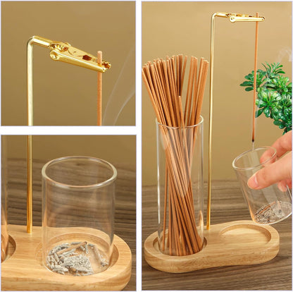 2 in 1 Incense Holder for Sticks, Anti-Ash Flying Incense Burne with Glass Ash Catcher and Incense Sticks Organizer for Meditation Yoga Spa Home Decor (Dark Base)