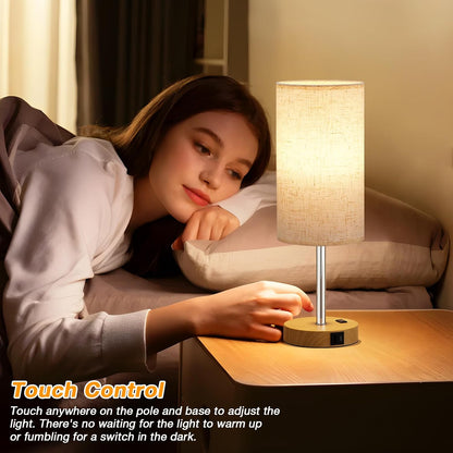 Dicoool Touch Bedside Table Lamp with USB - 3 Way Dimmable Wood Lamp for Bedroom Nightstand, Desk Lamp with Charging Station for Dorm, Living Room, Office, Kids Room, Small, 14in