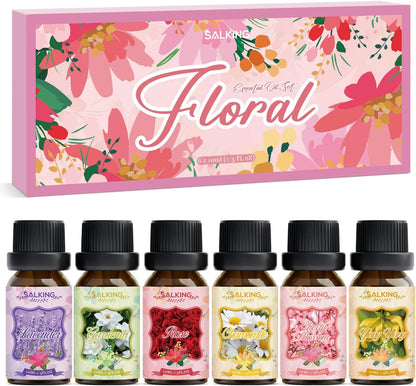 SALKING Floral Essential Oils Set, Premium Pure and Natural Essential Oils, Fragrance Oil Scented Oils for Oil Diffusers 6 x 10 ML - Lavender, Rose, Jasmine, Cherry Blossom, Gardenia, Chamomile