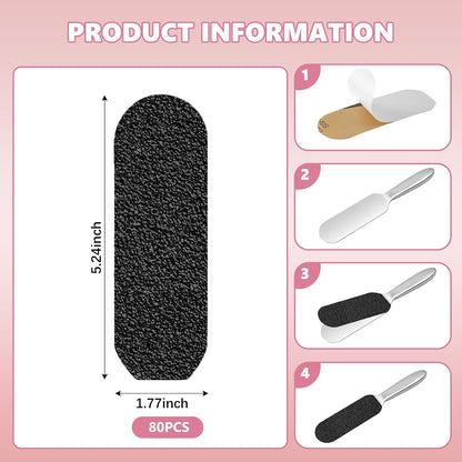 Flutesan 80 Pcs Professional Collection Stainless Steel Foot File Refill 180 Grit and 120 Grit Replacement Pads Coarse Fine Pedicure File Refills Foot Rasp Pad with Removable Glue