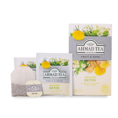 Ahmad Tea Herbal Tea, Ginger, Peppermint, Fennel, Dandelion, & Birch 'Detox' Teabags, 20 ct (Pack of 1) - Decaffeinated & Sugar-Free