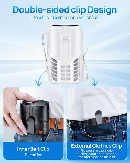 Portable Personal Waist Fan& Neck Fan, 14000RPM Brushless Motor, 40H Runtime Rechargeable, 6-Speed Quiet Operation, Clip-On Personal Body Cooling for Camping/Worksites/Outdoor