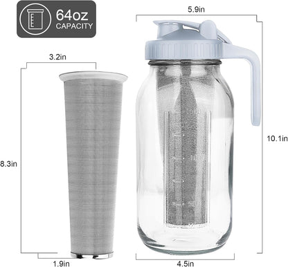 Cold Brew Coffee Maker,64 oz Mason Jar Pitcher with Stainless Steel Filter, Pour Spout Handle Lid, Heavy Duty Glass Airtight & Leak-Proof for Iced Coffee,Tea & Lemonade