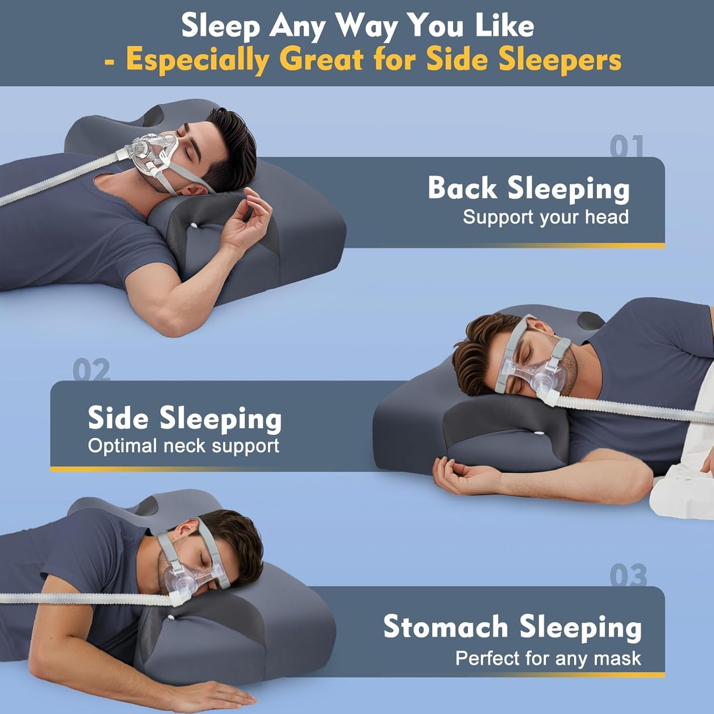 Adjustable CPAP Pillow for Side & Back Sleepers – Reduce Mask Air Leaks & Pressure, Cervical Memory Foam Neck Support with 2cm Removable Insert, Cooling Washable Cover – Fits Full Face & Nasal Masks