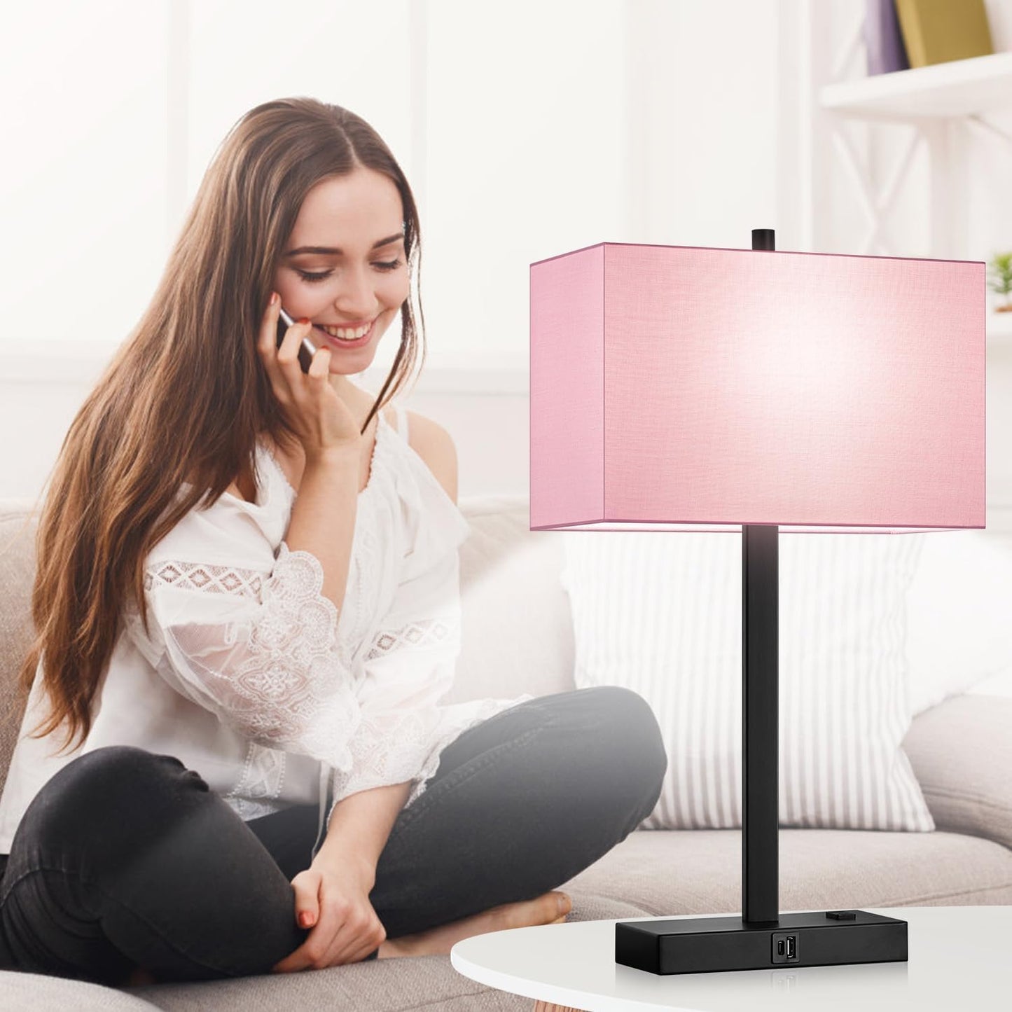 21" Touch Bedside lamps with 2 USB & AC Outlets, 3-Way Dimmable Bedside Table Lamps Set of 2 for Bedroom Living Room Office Reading, Gray Shade Lamps for Night Stands, 5000K LED Bulbs Included