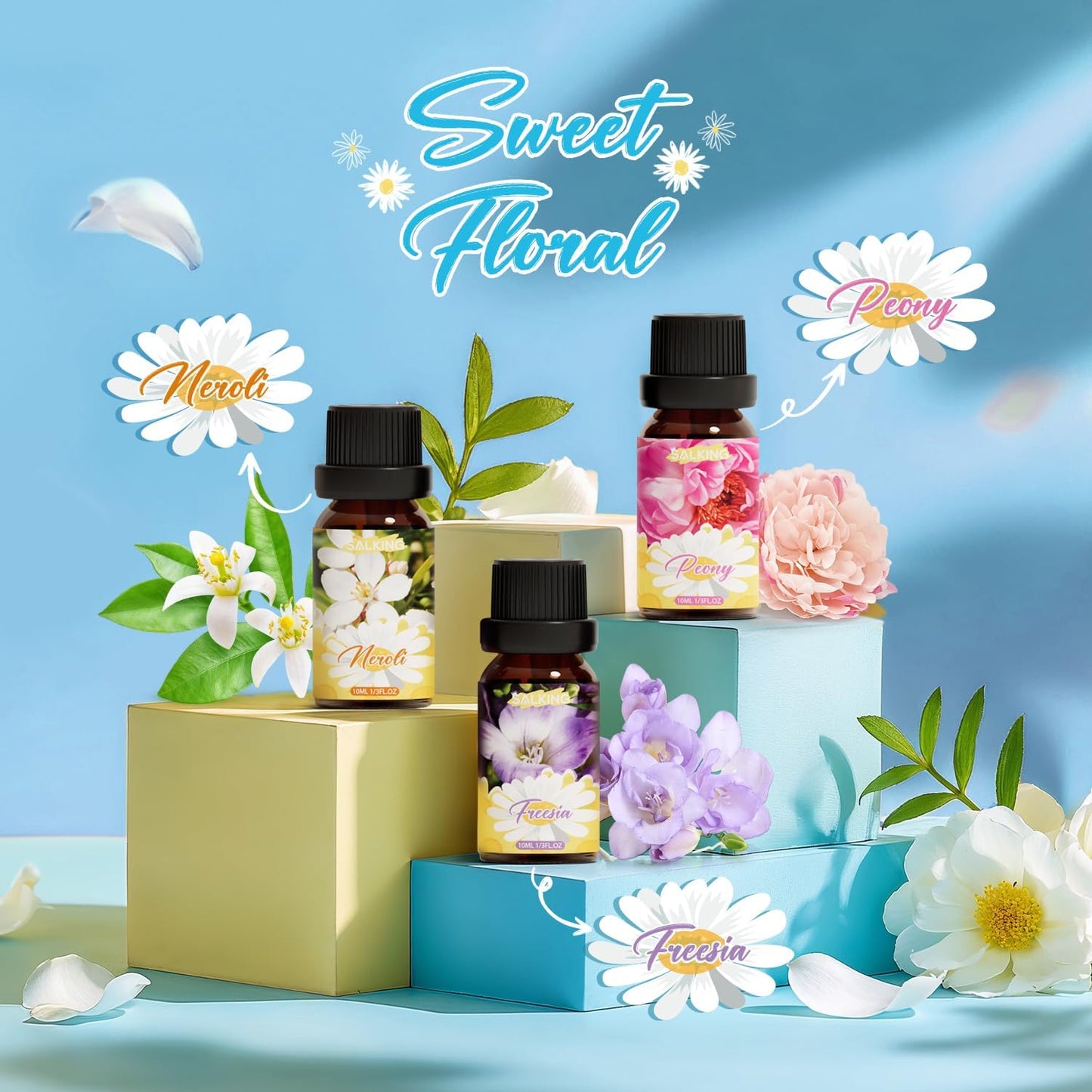 SALKING Floral Essential Oils Set, Premium Pure and Natural Essential Oils, Fragrance Oil Scented Oils for Oil Diffusers 6 x 10 ML - Lavender, Rose, Jasmine, Cherry Blossom, Gardenia, Chamomile