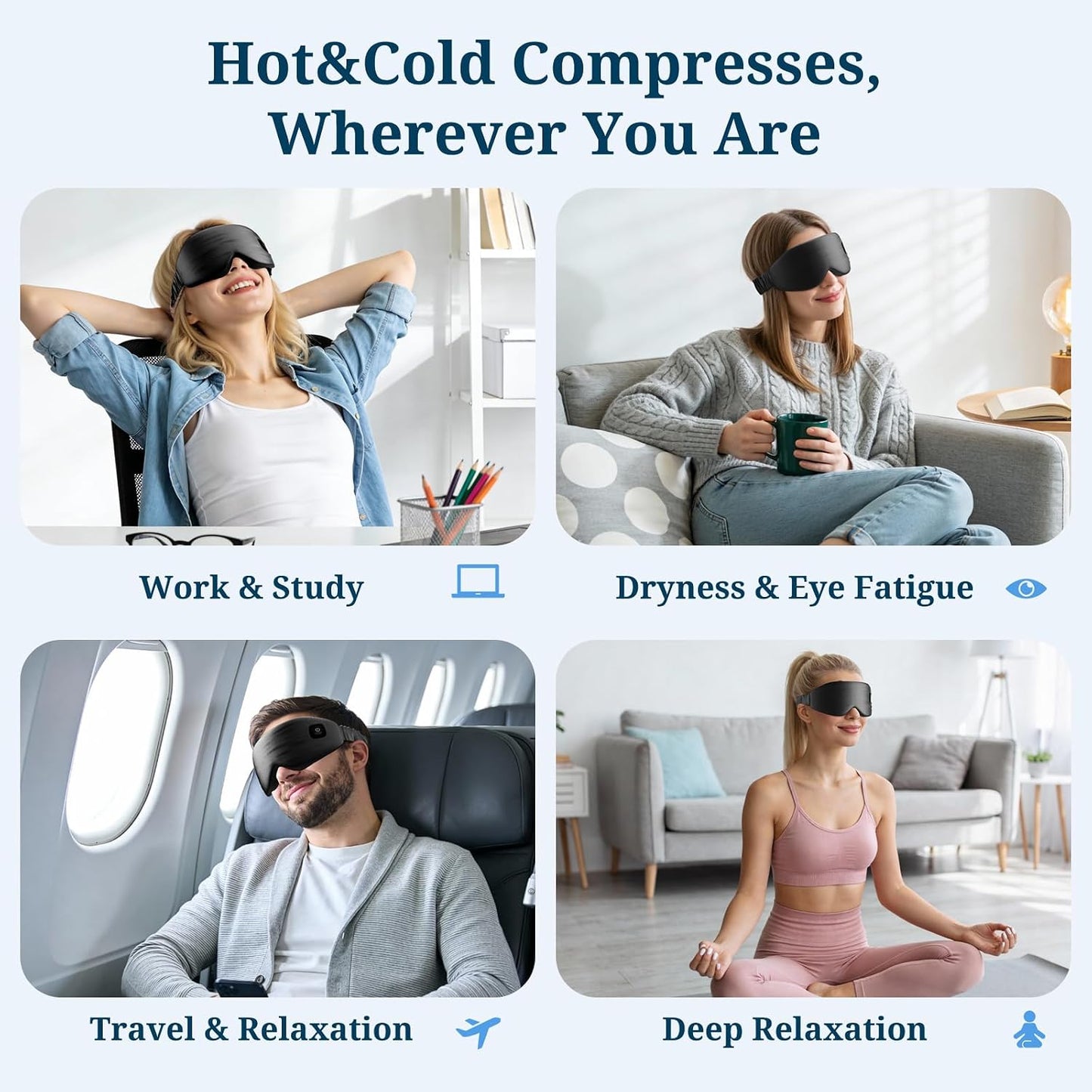 100% Silk Wireless Heated Eye Mask with Cooling, Relieves Dry Eye Syndrome and Puffy, Reduces Dark Circles, Adjustable Velcro Design and Washable Cover, Suitable for Travel & Gifts-Pink.