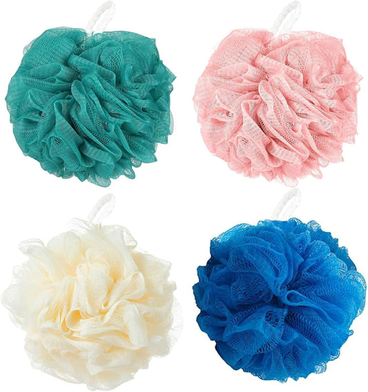 Loofah Sponge Shower Loofahs Bath Sponges Mesh Balls for Women Men Bathing Accessories Body Wash Back Scrubber 50g Soft Pouf Body Scrubber Loofahs Puff Pack, Exfoliate, Cleanse, Soothe Skin (4 Colors)