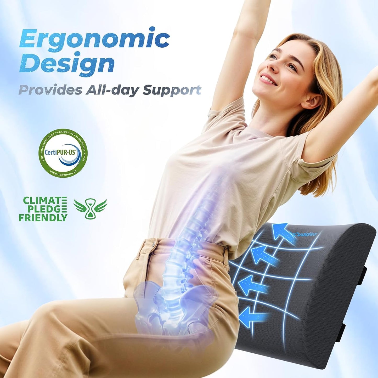 Lumbar Support Pillow for Office Chair Back Support - Memory Foam Lumbar Pillow for Car or Gaming Chair, Ergonomic Back Cushion with Adjustable Strap for Long-Hour Sitting (Black)