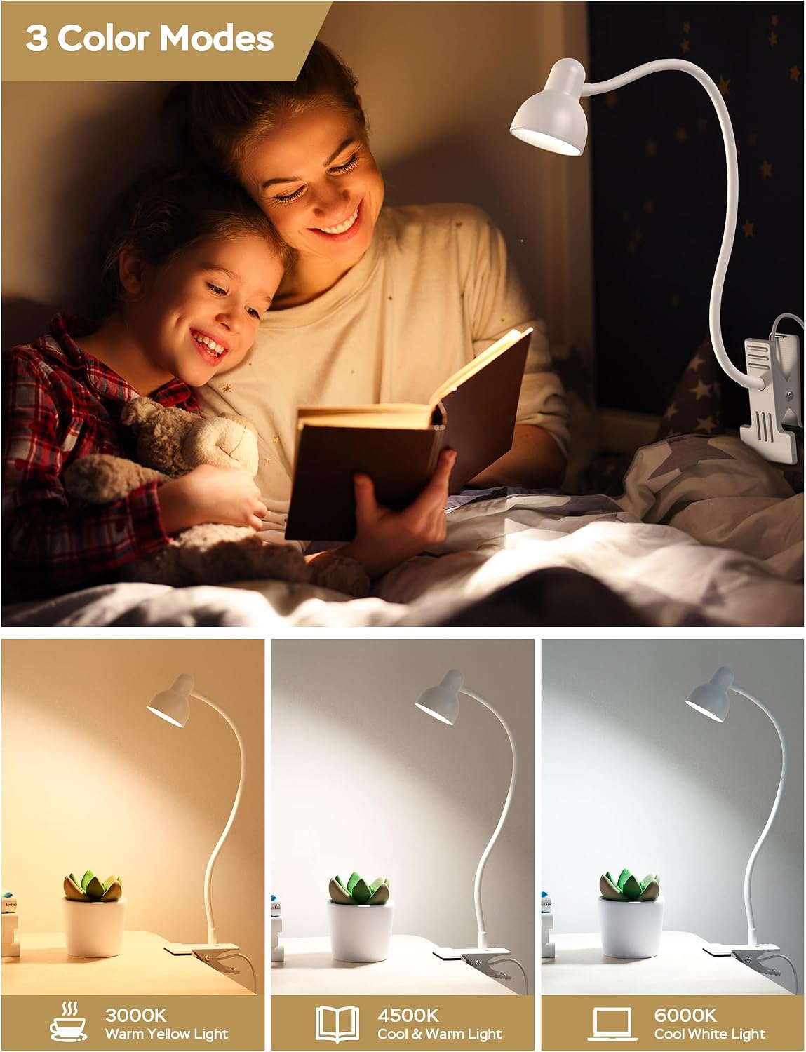 LiFMIRA Clip-on Reading Light - 3 Color Modes, 10 Dimmable Brightness,Black