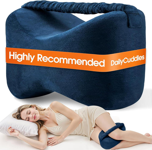 Knee Pillow for Side Sleepers with Strap, Supportive Memory Foam Leg Pillow for Side Sleeping & Spine Support, Ergonomic Curved Design for Hips and Back, Light Grey