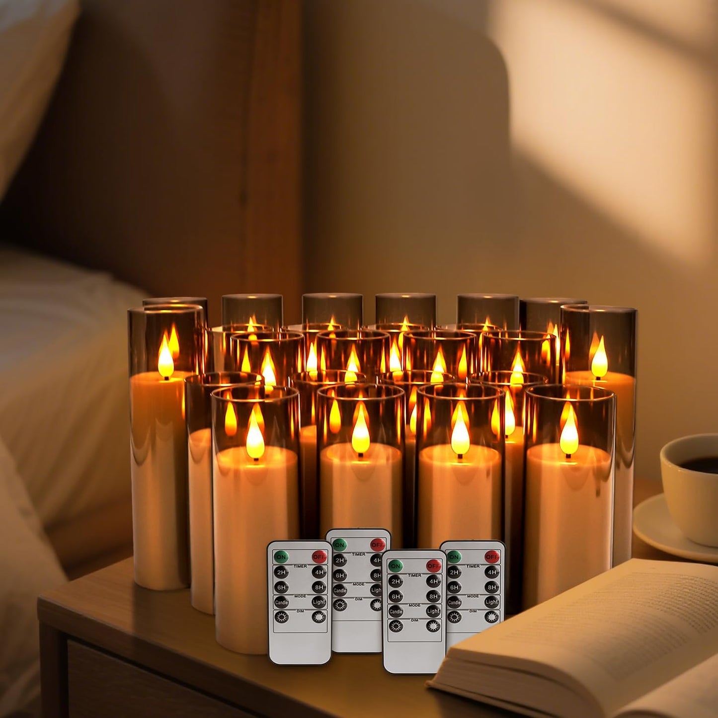 24 Pcs LED Flameless Candles with Remote, 3D Flickering Flame & LED String Lights, Acrylic Clear Cylinder, Timer Function, Romantic Ambience for Home Decor, Party, Wedding (Ivory).