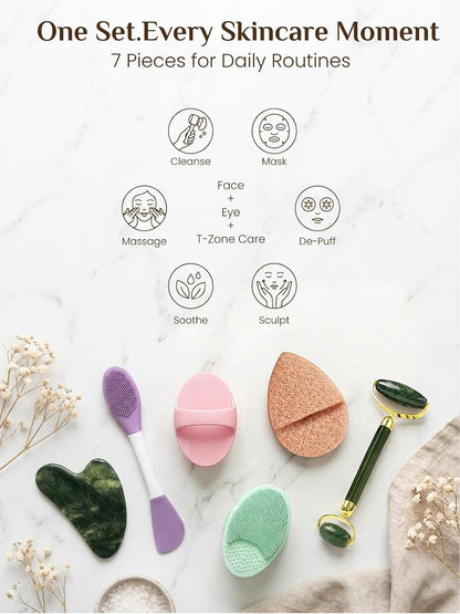 Rena Chris Gua Sha and Face Roller Set: Anti-Breakage Jade Roller for Long-Lasting Use, Jawline Sculpting and Puffiness Reducing, Gua Sha Facial Tools for Self Care Gift (Green)