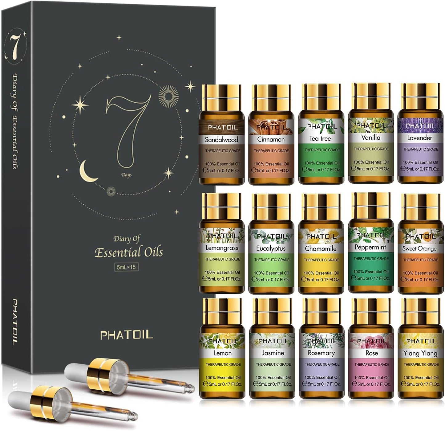 PHATOIL 15PCS Essential Oils Gift Set - Premium Quality 100% Natural Pure Essential Oils for Aromatherapy Diffuser Yoga Home Office Soap Candle Making- 5ml/Bottle