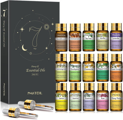 PHATOIL 15PCS Essential Oils Gift Set - Premium Quality 100% Natural Pure Essential Oils for Aromatherapy Diffuser Yoga Home Office Soap Candle Making- 5ml/Bottle
