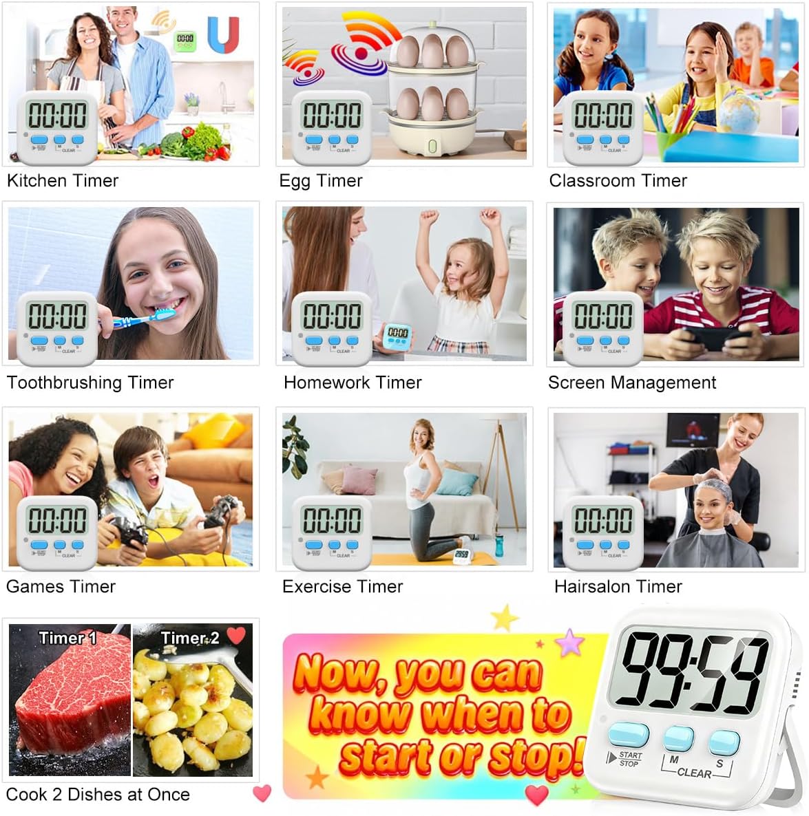 Antonki 2 Pack Digital Timer for Kids Classroom Kitchen Timers for Cooking