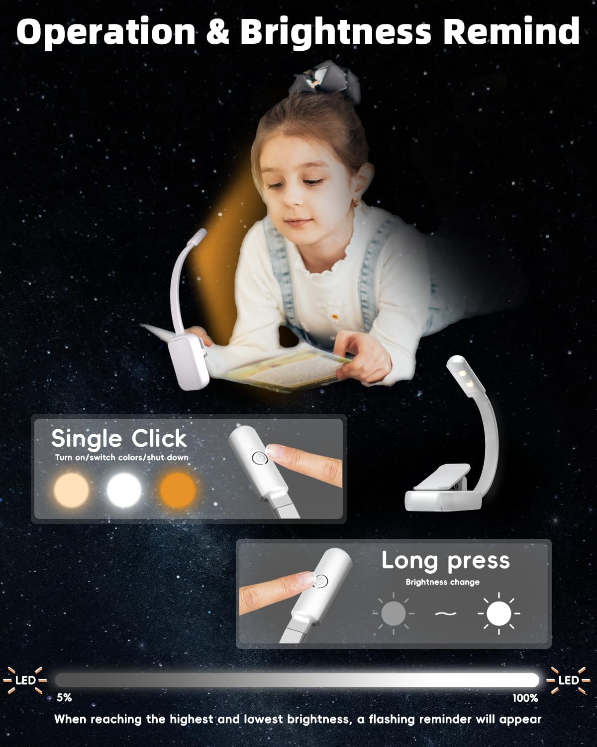 Book Light,Reading Lights for Books in Bed,AAA Battery Clip-On Led Reading Light with 3 Colors & Stepless Dimming,Portable and Ultra-Lightweight with Long Runtime(DarkBlack)