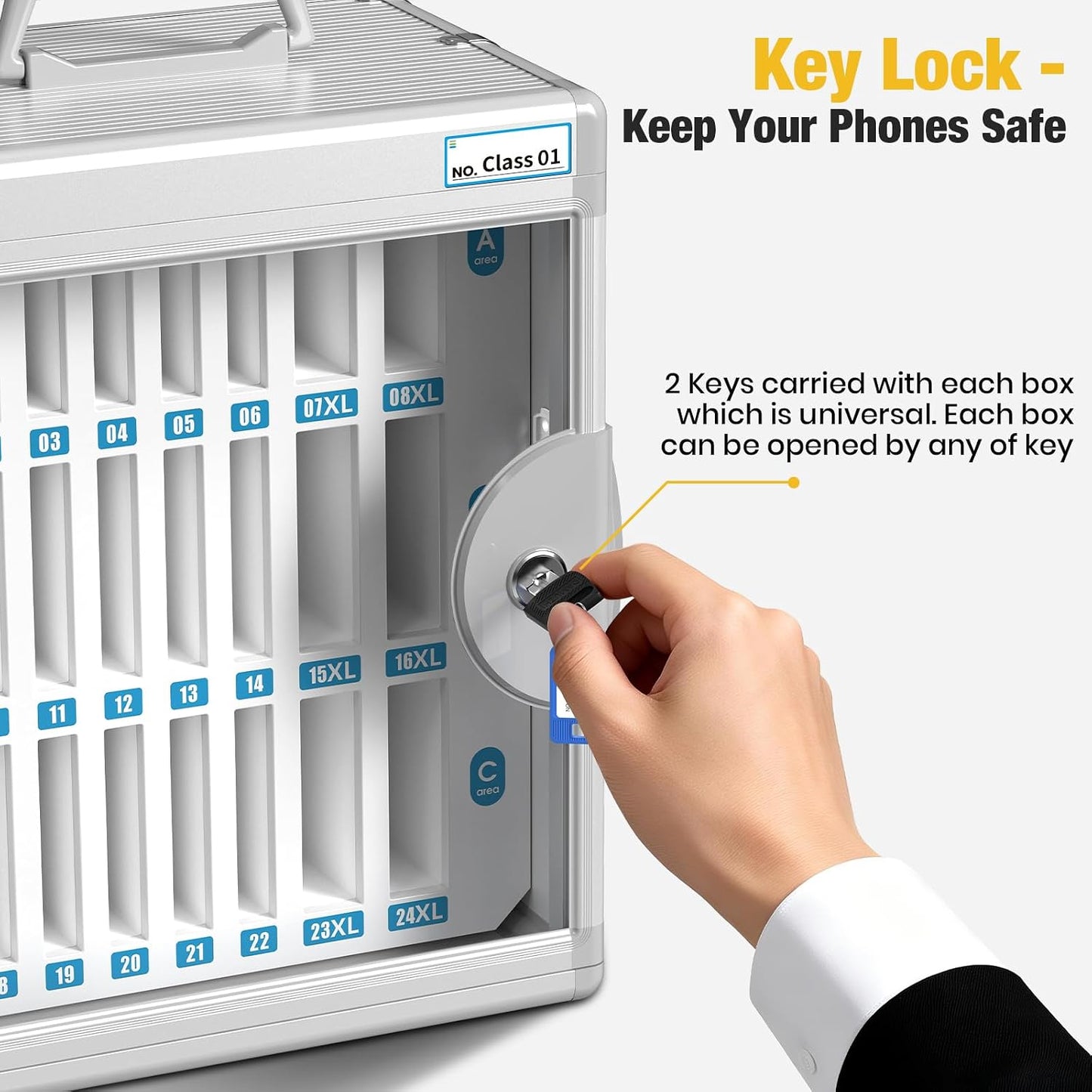 Glosen 24 Slots Cell Phone Locker, Portable Phone Storage Cabinet [Wall Mounted] [Aluminum Alloy] Cellphone Lock Box with Key & Handle for School Classroom Office Exam (Black)
