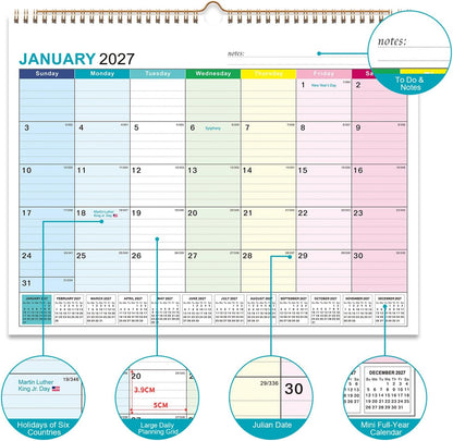 Large Wall Calendar 2026-2027, 18-Month Wall Calendar from July 2026 to December 2027, 15" x 22" 2026 Wall Calendar with Spacious Blocks, Julian Dates, Habit Tracker & Full-Year Reference for Home Office School Colorful