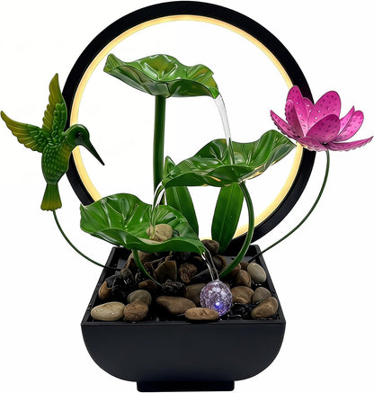 Tabletop Fountain,Indoor Water Fountain,Home Fengshui Décor Zen Relaxation Soothing Sound Machine for Office,Living Room,or Bedroom,Green Lotus,Hummingbird & Pink Flower,9.1inch