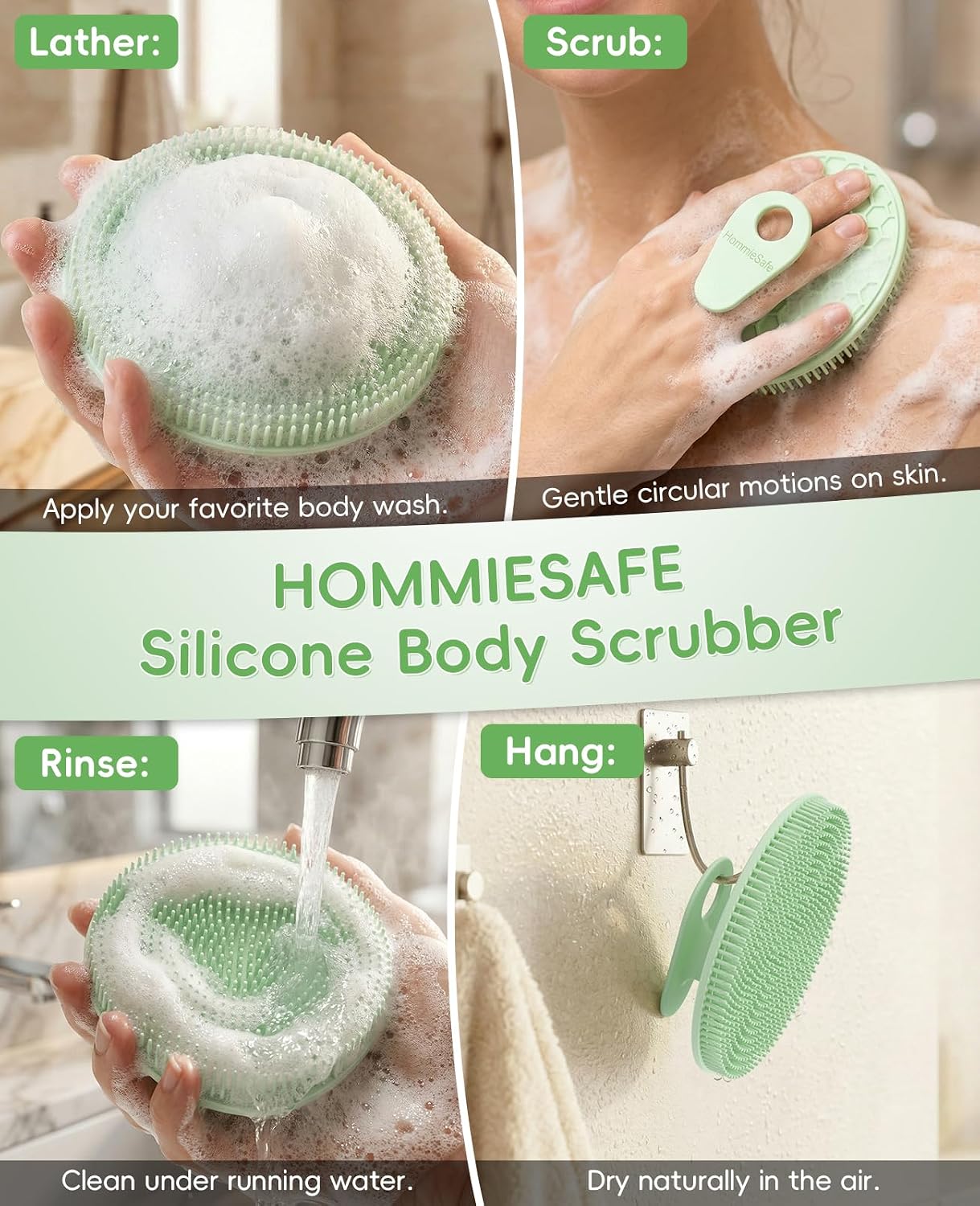 2 Pack Soft Silicone Shower Brush, Body & Face & Short Hair Wash, Bath Exfoliating Skin Massage Scrubber, Dry Skin Brushing Glove Loofah, Fit for Sensitive and All Kinds of Skin (PeonyPink+Green)