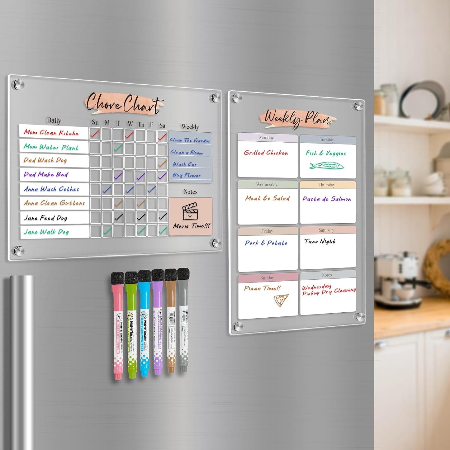 Acrylic Magnetic Kids Chore Board & Star Reward Jar - Dry Erase Fridge Calendar with Erasable Markers, Wooden Stars & DIY Stickers for Visual Schedule, Behavior Tracking & Potty Training Toddlers
