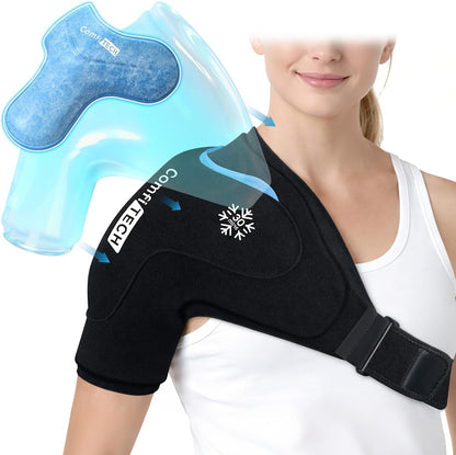 ComfiTECH Dual-Gel Shoulder Ice Pack Wrap with 30-Min Cooling for Muscle Comfort, Adjustable Rotator Cuff Shoulder Brace for Surgery Recovery, Flexible Cold Compression Sleeve for Baseball & Tennis, L