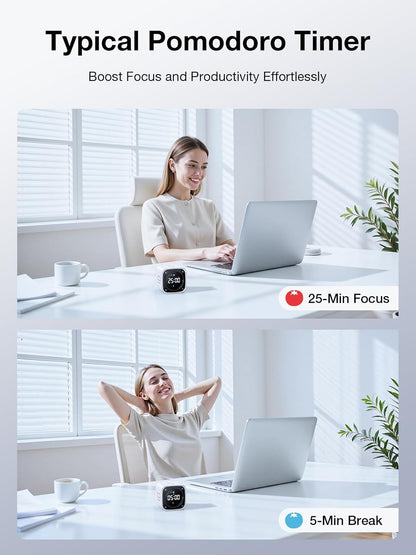 TK3 Pomodoro Timer Cube, Desk Productivity Timer with 5/10/30/60 Min Presets, Custom Countdown, Stopwatch, Clock, 3 Alarm, Silent, Vibrate & Sound Alert, for Task, ADHD, Study, Kitchen, Black
