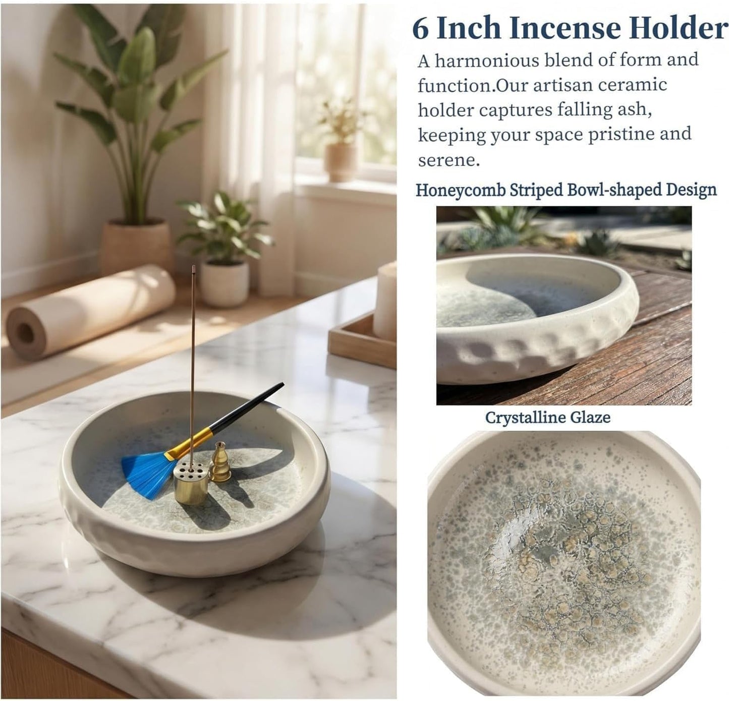 6 Inch Incense Holder with Ash Catcher,Handmade Crack Blue Glaze Ceramic Incense Burner Bowl with 9-Hole Design for Sticks,Cones,Coils Sage,Palo Santo - Perfect for Meditation,Yoga & Zen Home Décor
