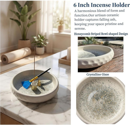 6 Inch Incense Holder with Ash Catcher,Handmade Crack Blue Glaze Ceramic Incense Burner Bowl with 9-Hole Design for Sticks,Cones,Coils Sage,Palo Santo - Perfect for Meditation,Yoga & Zen Home Décor