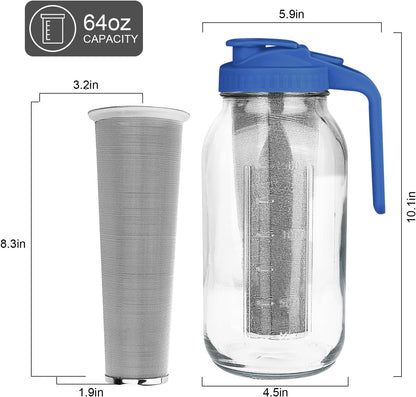 Cold Brew Coffee Maker,64 oz Mason Jar Pitcher with Stainless Steel Filter, Pour Spout Handle Lid, Heavy Duty Glass Airtight & Leak-Proof for Iced Coffee,Tea & Lemonade
