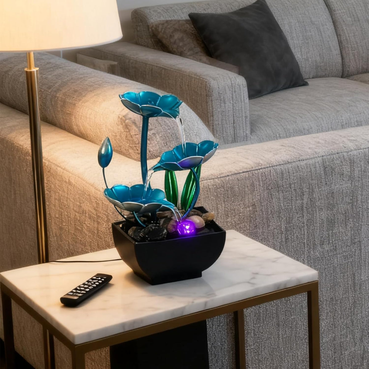 AOZITA Tabletop Fountain, Indoor Waterfall Fountain, Small Home Décor Zen Relaxation Soothing Sound Machine for Office, Living Room, or Bedroom,Blue Metal Lotus with Bud, River Rocks,Round LED