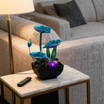 AOZITA Tabletop Fountain, Indoor Waterfall Fountain, Small Home Décor Zen Relaxation Soothing Sound Machine for Office, Living Room, or Bedroom,Blue Metal Lotus with Bud, River Rocks,Round LED