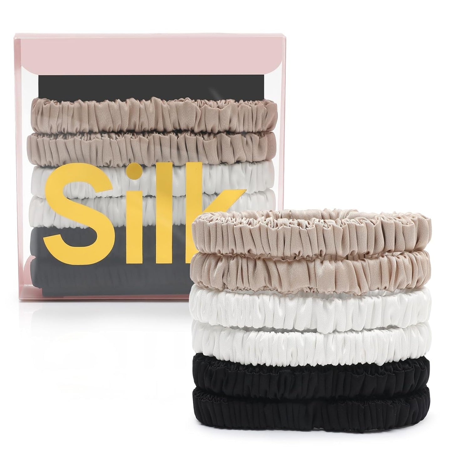 6Pcs Silk Hair Ties 100% Pure Mulberry Silk Scrunchies for Women Girls | No Hair Crease, Anti Frizz, Gentle Hold, No Damage, Black Brown Pink