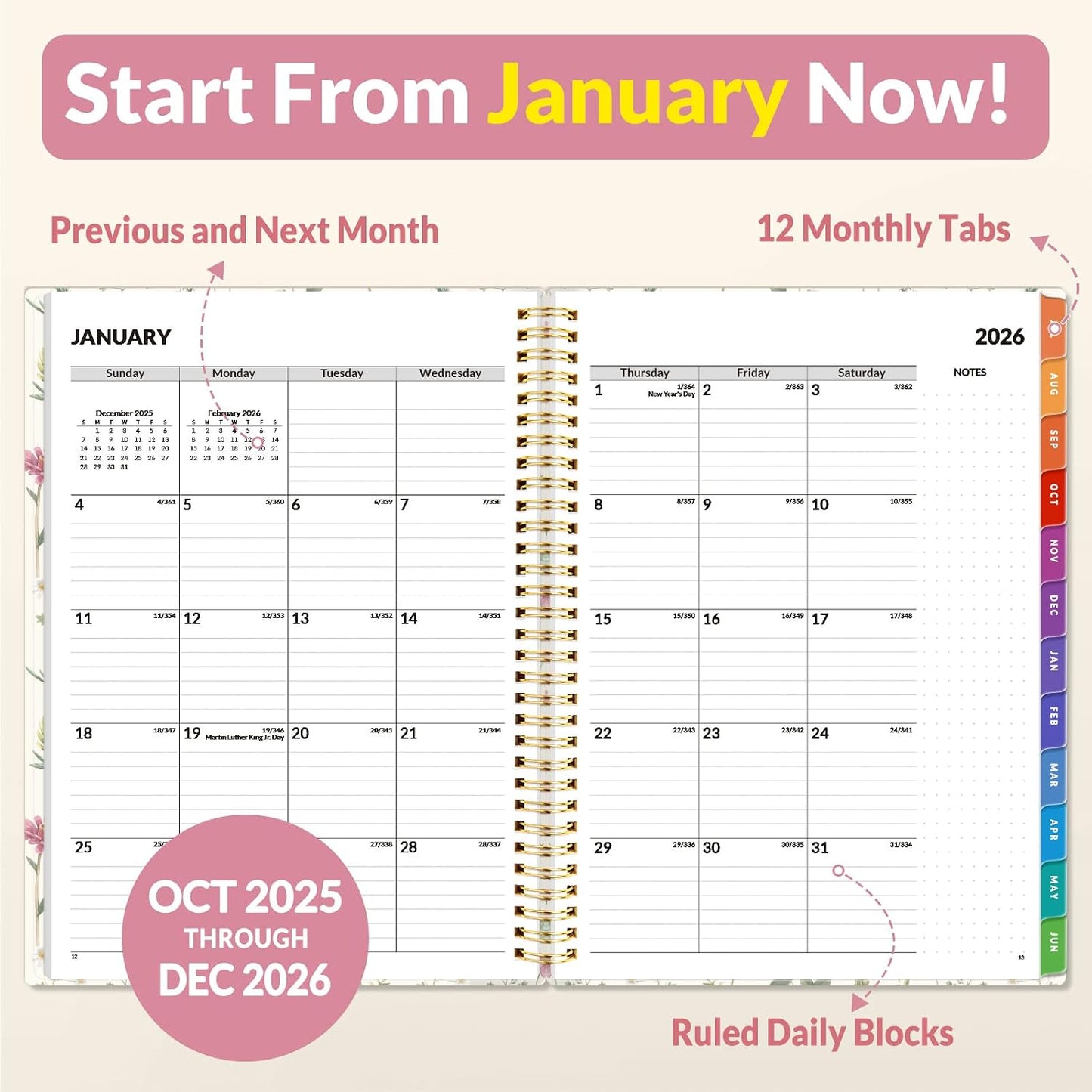 SUNEE Academic Planner 2026-2027 – Weekly & Monthly Planner, July 2026 to June 2027, 6.4"x8.3", Thick Paper, Tabs, Pockets, Bookmark, Spiral-Bound, Student Teacher Organizer, Black