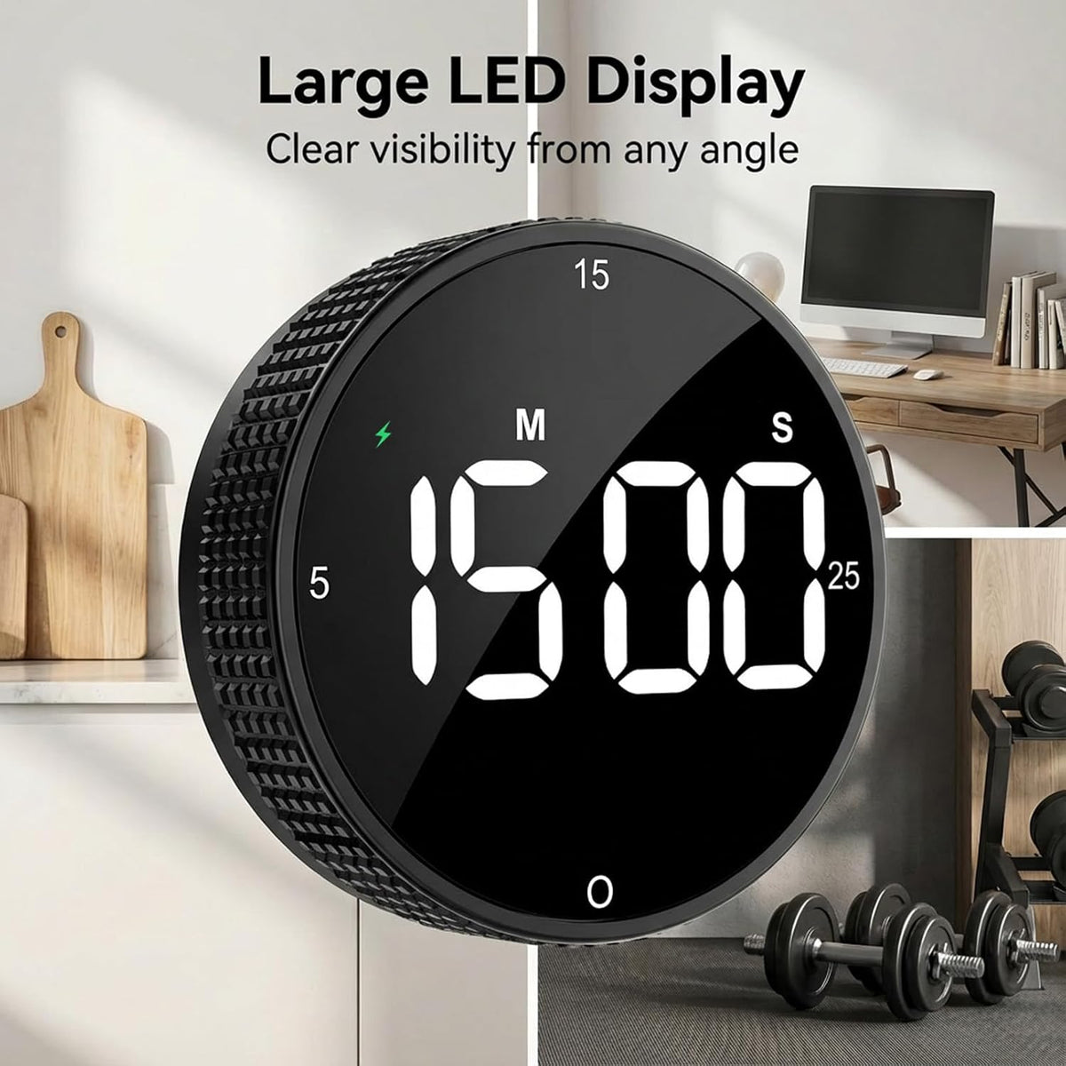 Rechargeable Magnetic Kitchen Timer, LED Countdown/Count-Up Timer, Supports USB-C Charging, with Loud Alarm, 3 Preset Quick Times (5/15/25m), Perfect for Kitchen Cooking, Studying, and Fitness