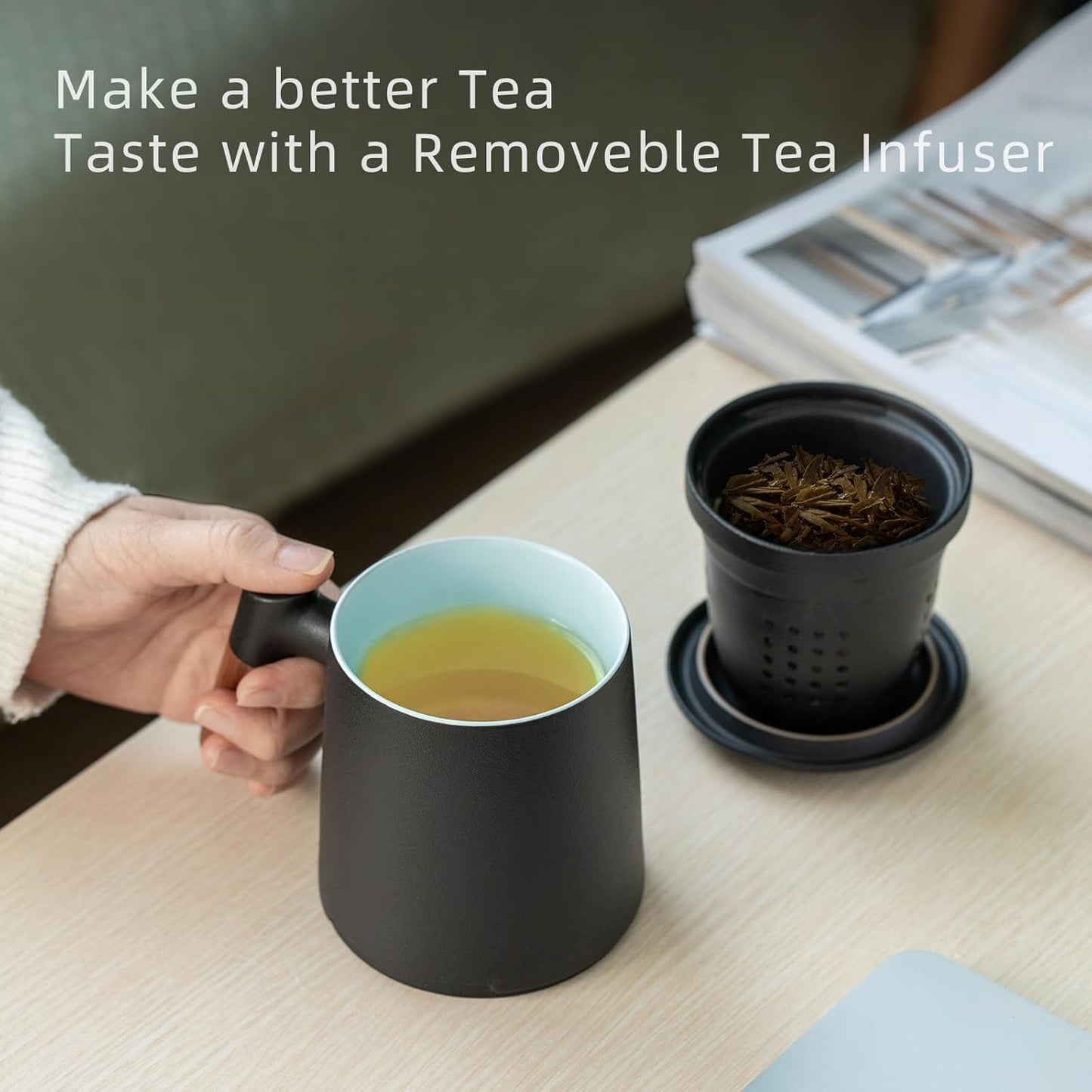 ZENS Embossed Ceramic Tea Mug with Infuser and Lid, 14.5 oz Wooden Handle, Loose Leaf Tea Steeper Cup & Strainer for Tea Lovers Gifts