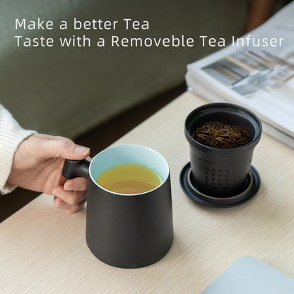 ZENS Embossed Ceramic Tea Mug with Infuser and Lid, 14.5 oz Wooden Handle, Loose Leaf Tea Steeper Cup & Strainer for Tea Lovers Gifts