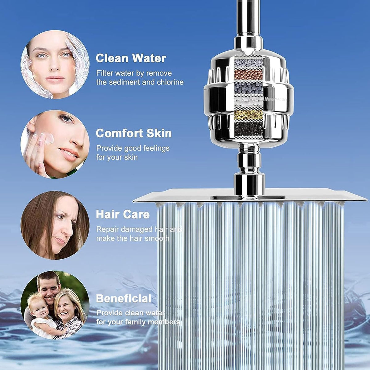 NearMoon Filtered Rain Shower Head, High Pressure 8″Square, and 5 settings Handheld Shower Filter Combo with Self-adhesive Holder/1.5M Hose -1 Replaceable Filter Cartridge (Matte Black)